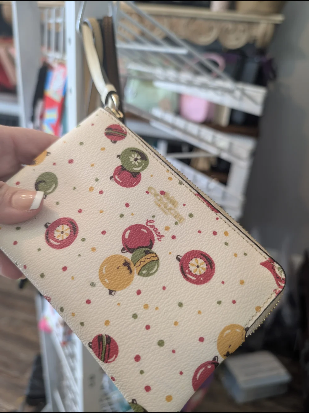 Coach Cream Leather Wristlet with Multicolored Christmas Holiday Ornaments - Picture 1 of 1